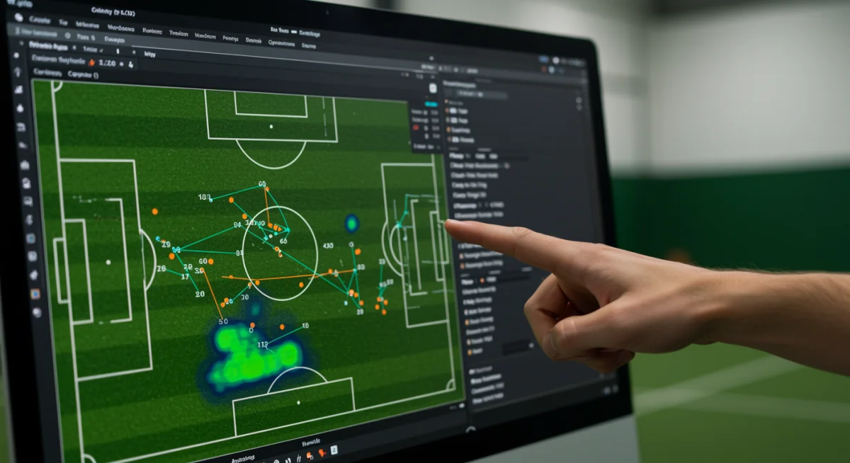 Advanced soccer analytics software displaying player performance metrics and heatmaps.