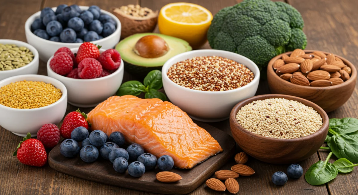 Colorful array of nutrient-dense foods for athlete diet