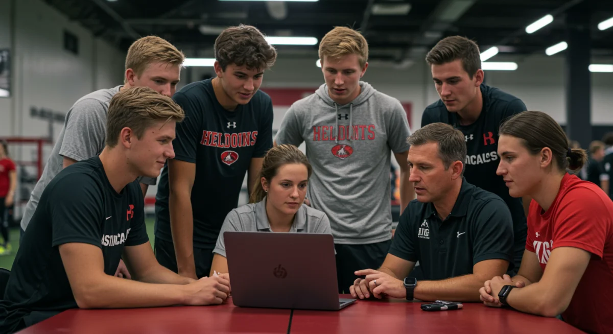 Aspiring college athletes reviewing recruitment video with coach.