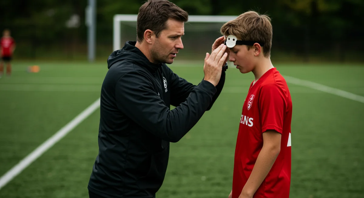 Soccer coach assessing young player for concussion symptoms on field