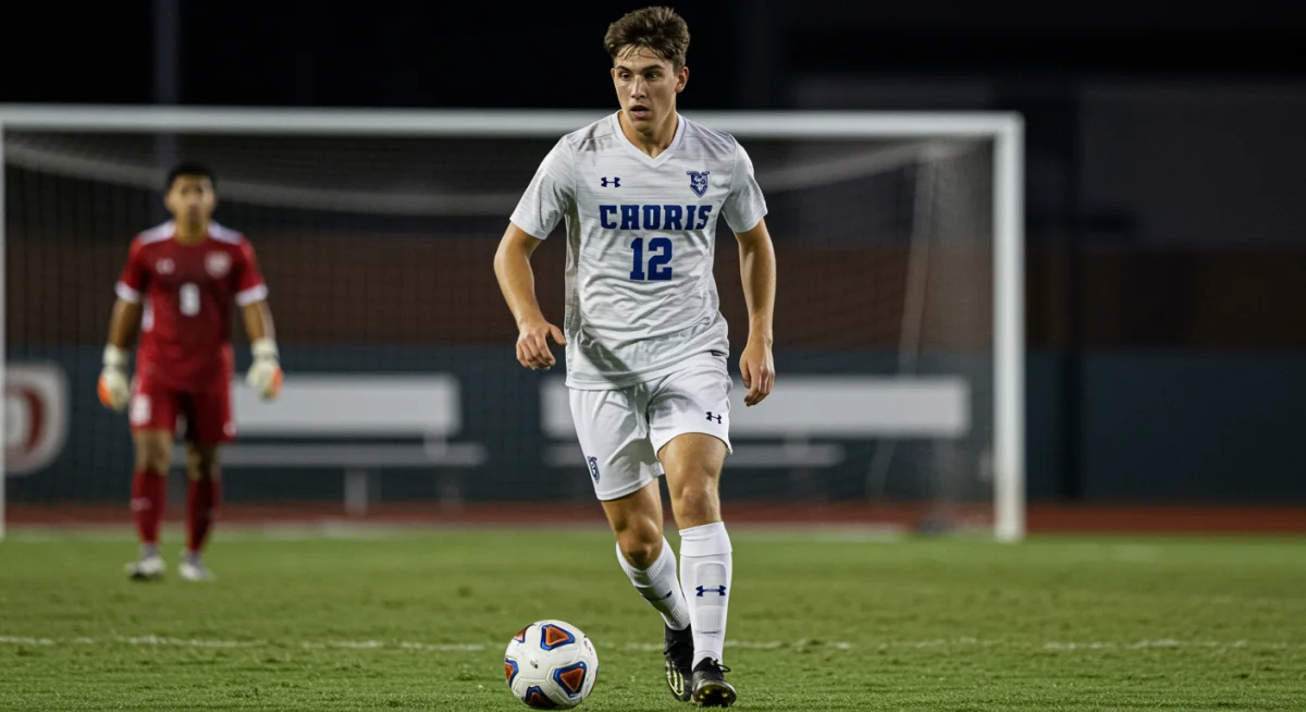 Determined college soccer player in action on the field.