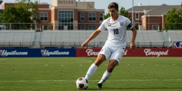 College soccer player dribbling on field with campus in background, representing recruiting aspirations.