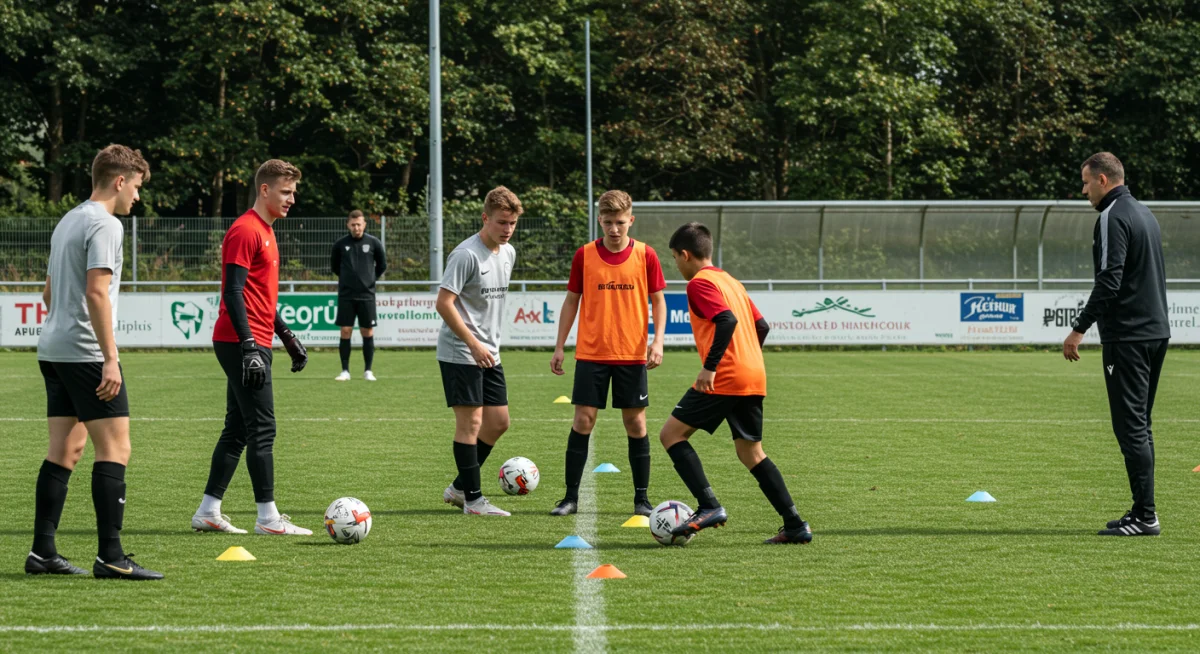 Young defenders practicing tactical positioning and communication during a training drill.