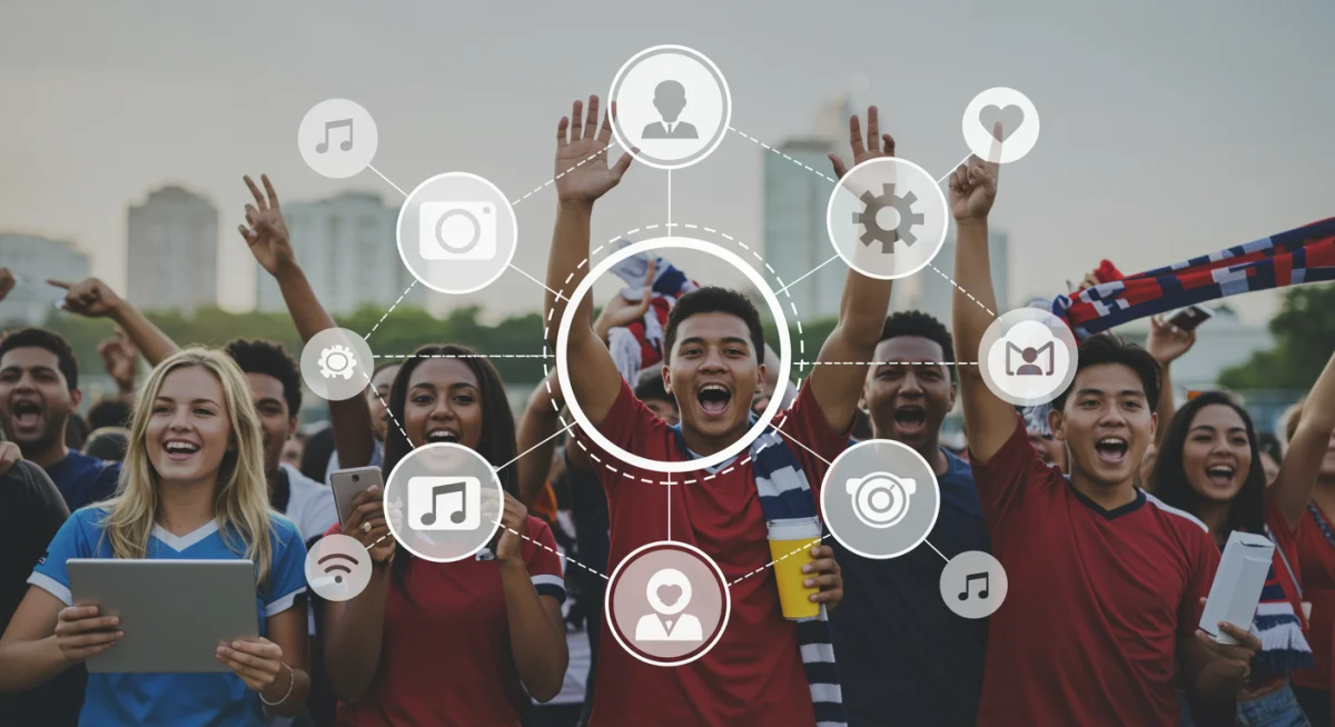 Illustration of social media network connecting diverse sports fans.