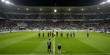 Celebrating underdog football team after shocking victory against a favored opponent in a European stadium.