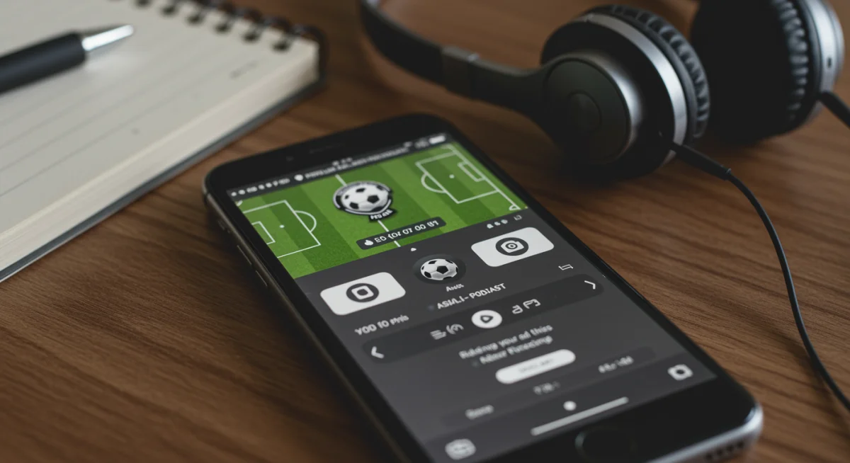 Smartphone displaying a fan-created soccer podcast, with headphones and notebook.