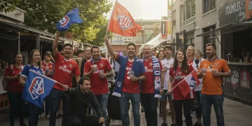 Vibrant fan zone with diverse fans cheering, showcasing respectful and spirited support in 2025