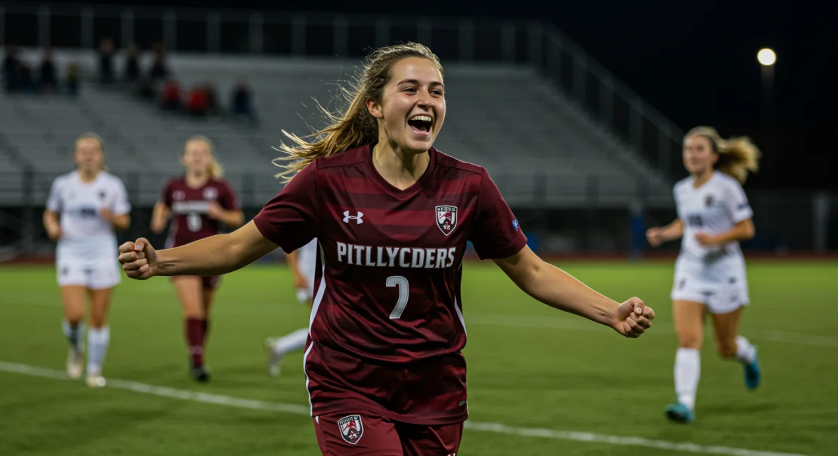 Female soccer player celebrating a goal with teammates