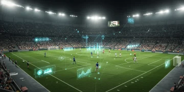 Futuristic soccer field with data analytics overlays and AI symbols