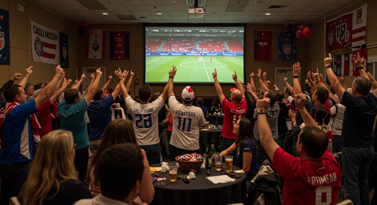 Excited US soccer fans cheering at an indoor watch party