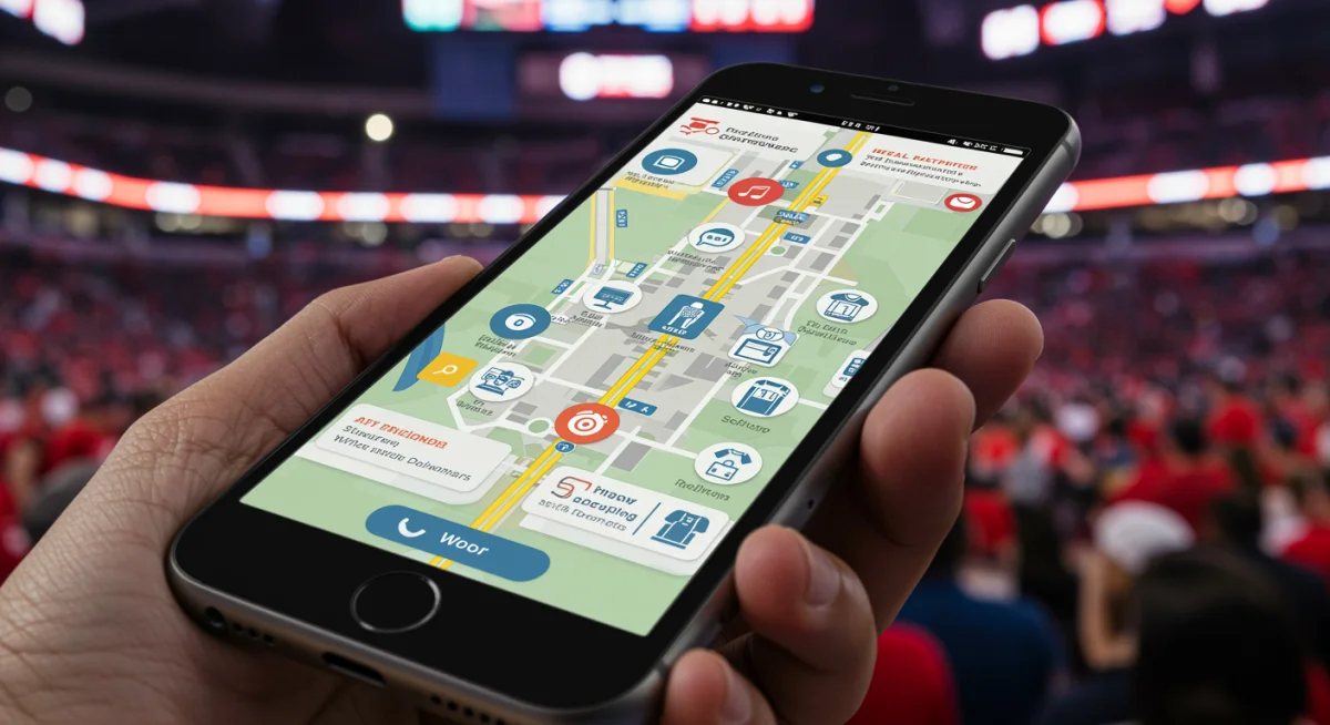 Interactive stadium map on a fan app, guiding users to amenities.