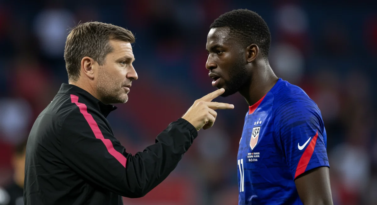 American midfielder receiving tactical instructions from a coach