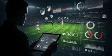 Data visualization on a soccer field, illustrating how MLS clubs use analytics for scouting.