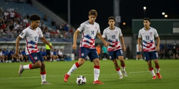 Four promising American midfielders in dynamic action on a soccer field, showcasing their talent and potential.