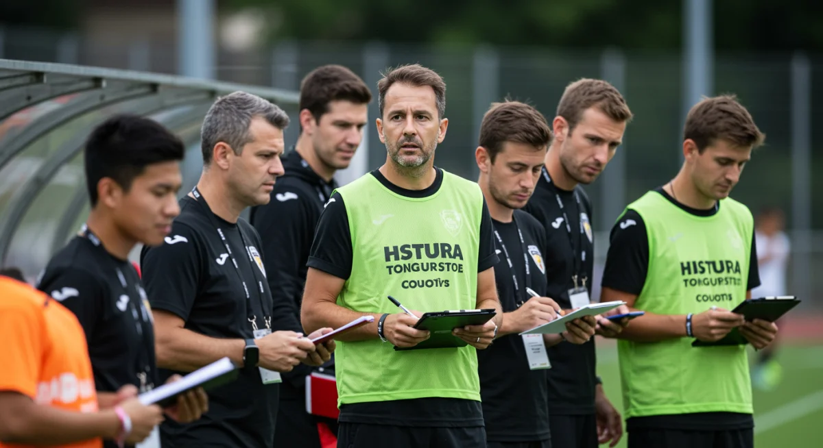 Professional scouts intently watching a youth soccer match, evaluating player performance