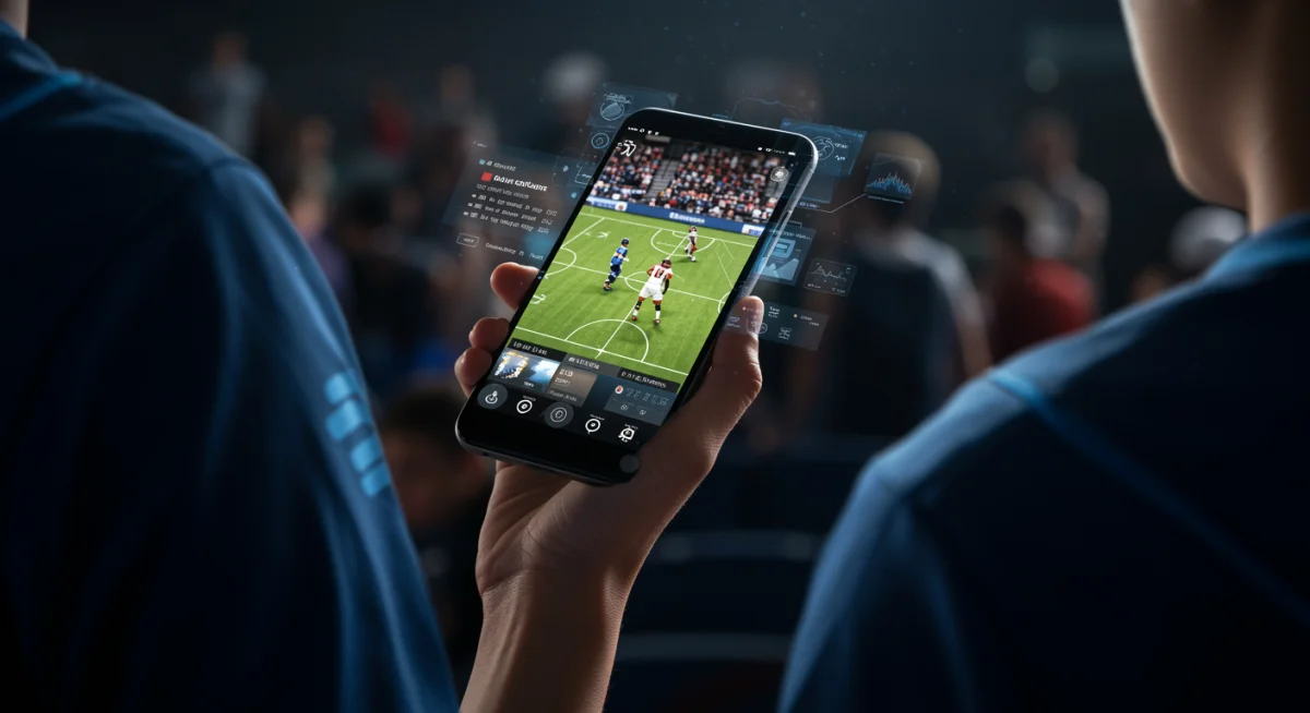 Fan using smartphone with AR game stats and wearing smart jersey