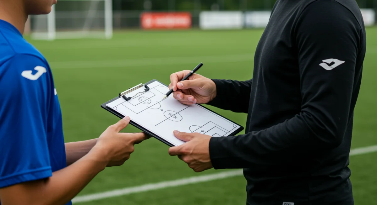 Soccer coach discussing strategy with young player on sideline