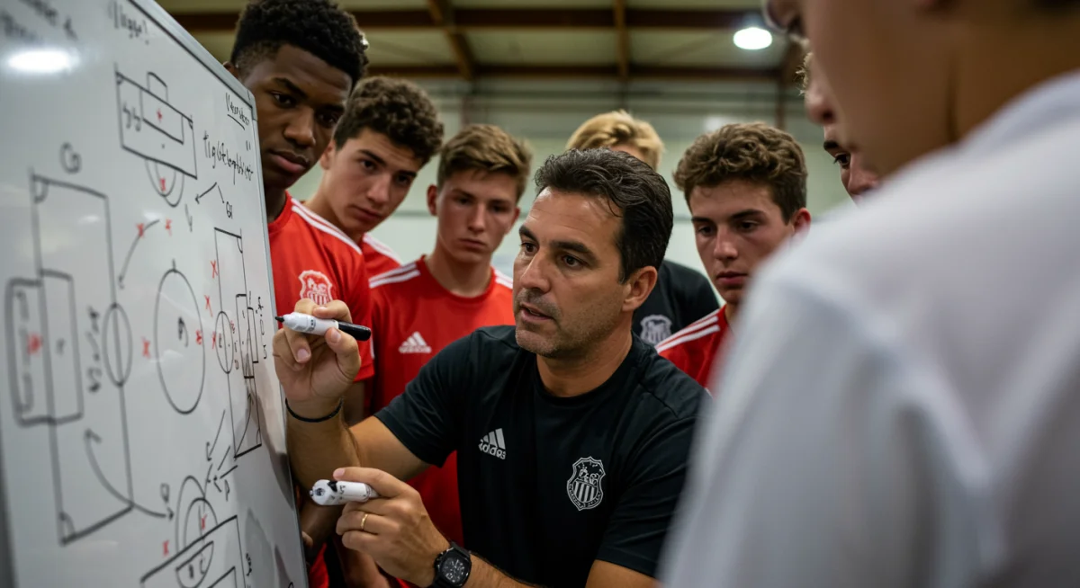 Soccer coach discussing tactics with players on a whiteboard, emphasizing strategic preparation for a tournament.