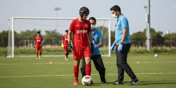 Soccer player with protective headgear and medical staff on field, highlighting concussion safety
