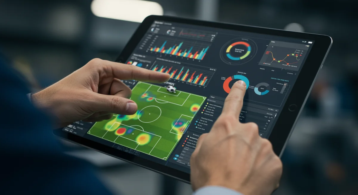 Data scientist analyzing soccer player performance metrics on a tablet