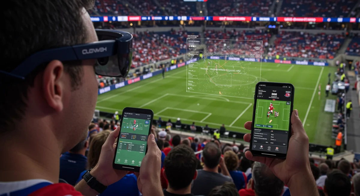 Soccer fan using AR glasses for enhanced game viewing