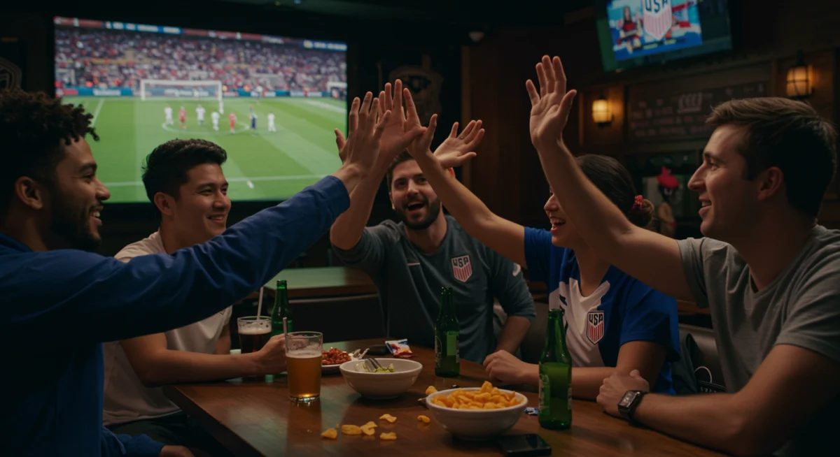 Diverse soccer fans celebrating USMNT goal in sports bar