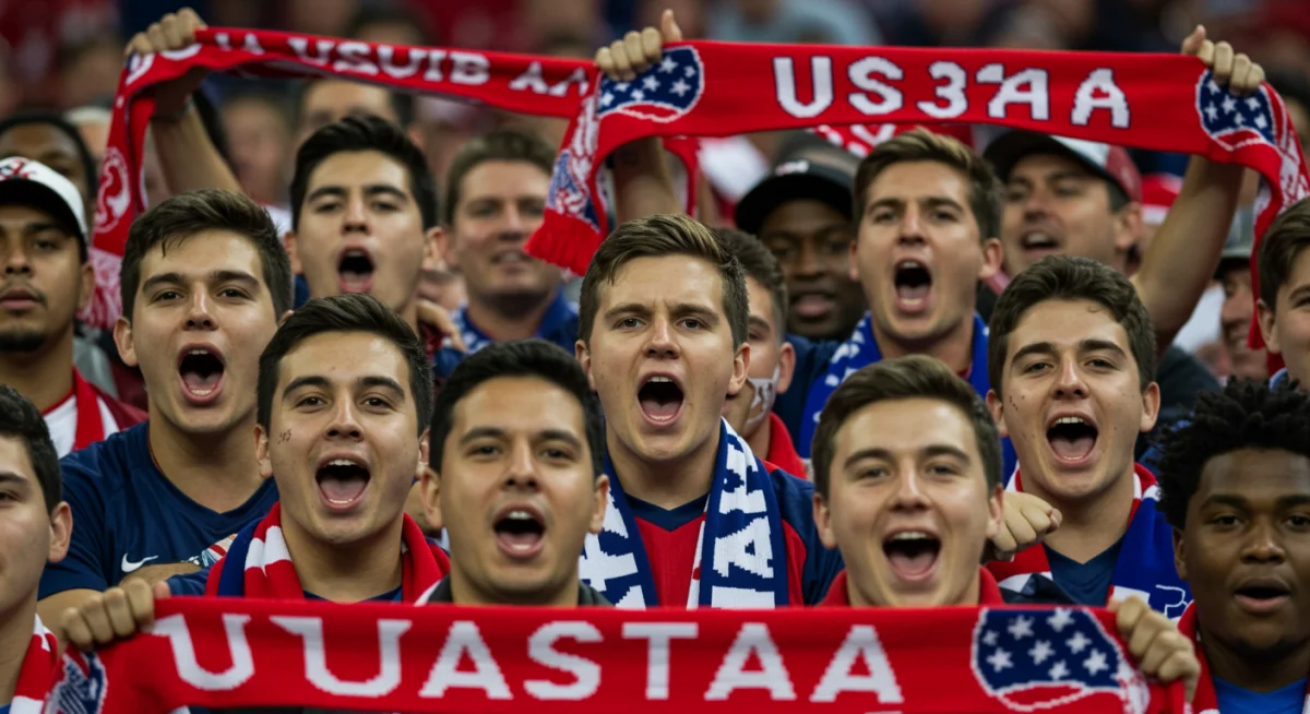 Passionate US soccer fans chanting together in a stadium section