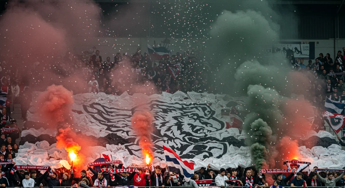 Soccer supporters displaying a large, colorful tifo during a match