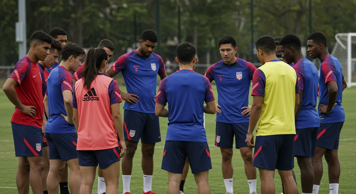 American soccer team in a focused huddle receiving coaching instructions.