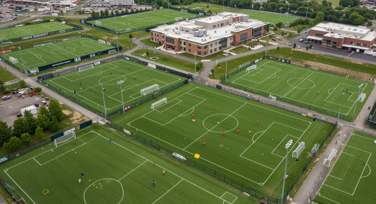 Aerial view of a modern soccer training facility with several pitches and players.