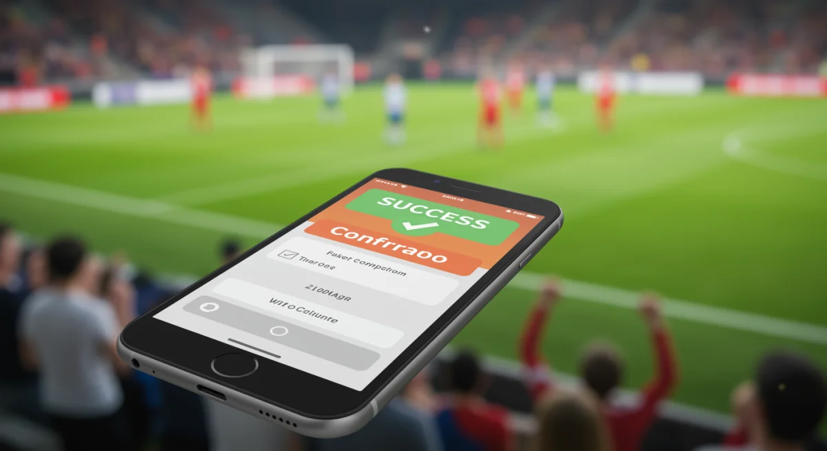 Smartphone showing successful ticket purchase on a blurred soccer field background.