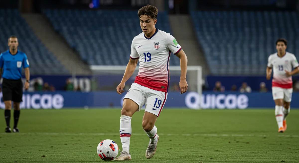 Young U-20 US National Team prospect dribbling past a defender with skill and agility.