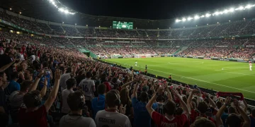 Vibrant soccer stadium with fans in upgraded gear enjoying a match