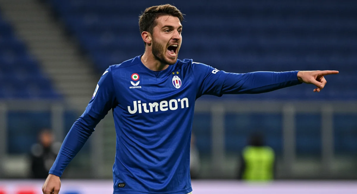 Captain of an underdog Serie A team showing intense focus and leadership during a critical match.