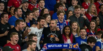 Unified US sports fans celebrating together in a stadium