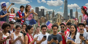 Diverse US fans interacting with social media on devices, representing fan culture.