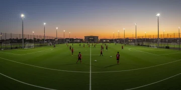 Investing in US Soccer Academies: 2025 Outlook Modern US soccer academy complex with young players training, symbolizing growth