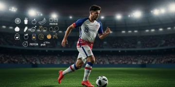 US soccer player sprinting on field with dynamic nutrition overlay