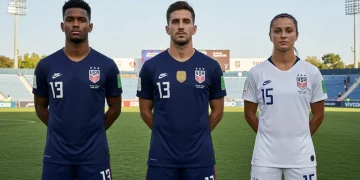 Three prominent US soccer captains on a field, symbolizing their journey to stardom and leadership.