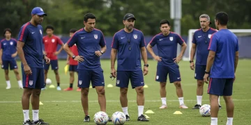US Soccer coaching clinic with diverse coaches on a sunny field