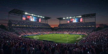 Futuristic US soccer stadium with digital enhancements and engaged fans