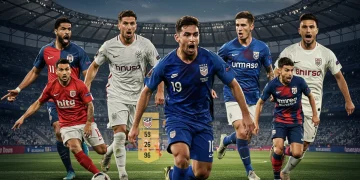 US soccer players in European club jerseys on a transfer market background.