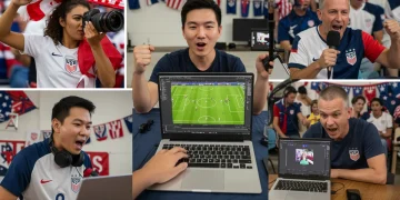 Diverse US soccer fans creating content, showcasing laptops, microphones, and cameras with team colors.