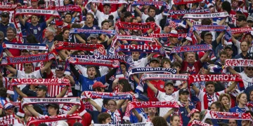 Enthusiastic US soccer fans cheering in a vibrant stadium