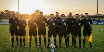 Diverse soccer referees training on field at sunset, symbolizing US soccer referee development.