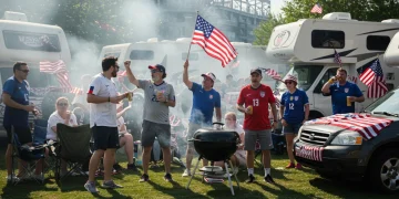 Vibrant US soccer tailgate scene with fans, flags, and stadium in background