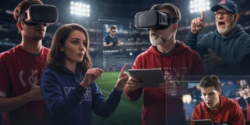 Diverse US sports fans engaging with teams through VR, online forums, and community events, showcasing modern fan interaction.