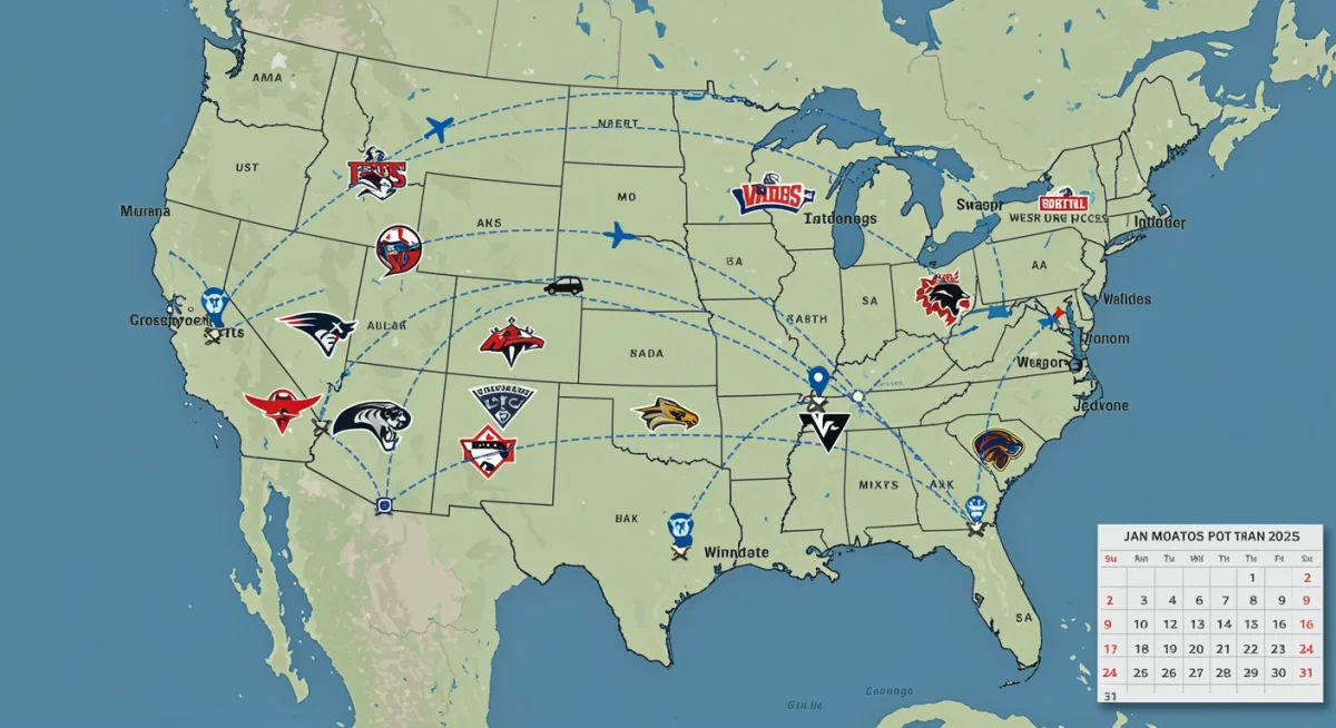 US map showing sports team locations and fan travel routes for 2025.