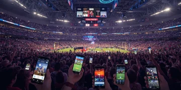 Fans using new mobile apps at a US stadium during a match, enhancing their experience.