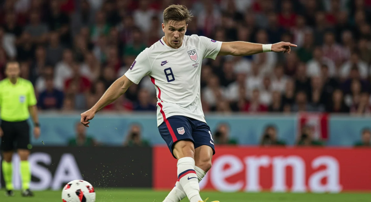 US striker in focused action, striking the ball during a European league match.